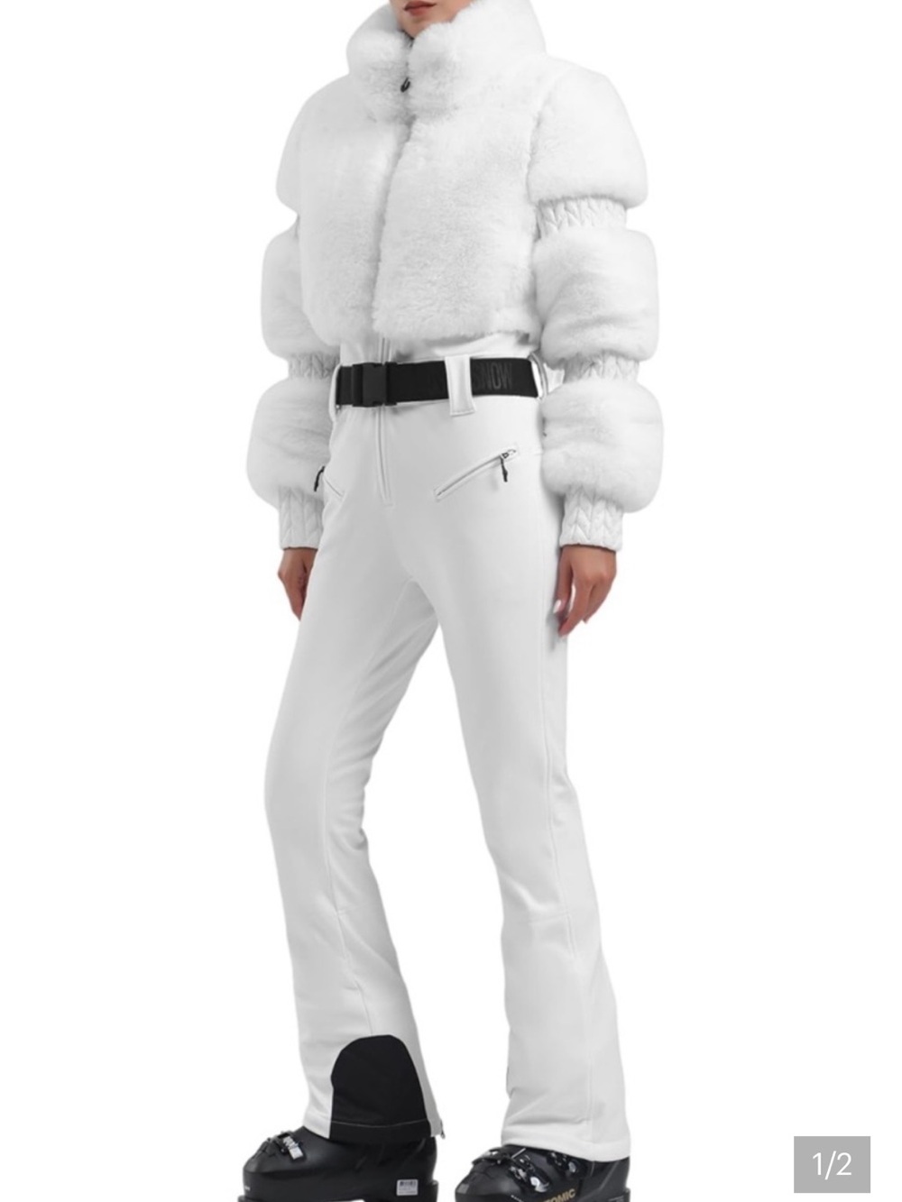 GSOU SNOW Womens Slim Fit Faux Fur One Piece Ski Suit Off White M Chic Apres Ski